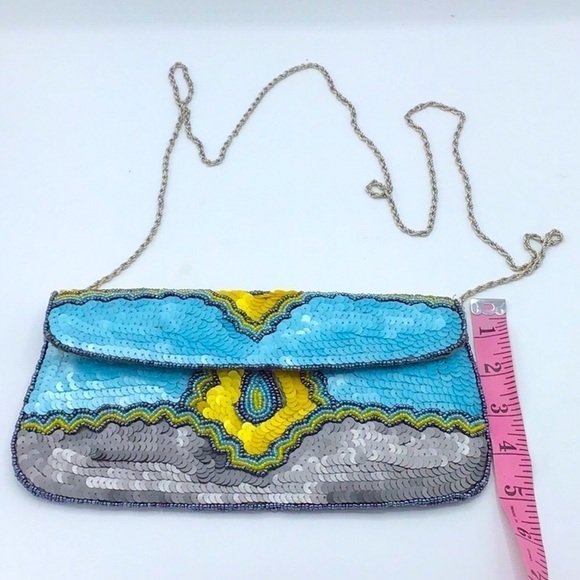 KC MALHAN AQUA BALI SEQUIN BEADED CLUTCH HANDBAG - Picture 11 of 13